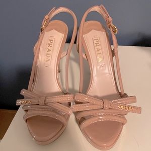 Prada tan patent leather heels.